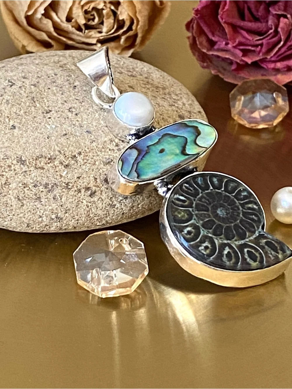 Ammonite Fossil, Abalone Shell And Pearl Pendant